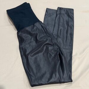 SPANX Maternity “Mama” Black Faux Leather Leggings with Red Logo Tag